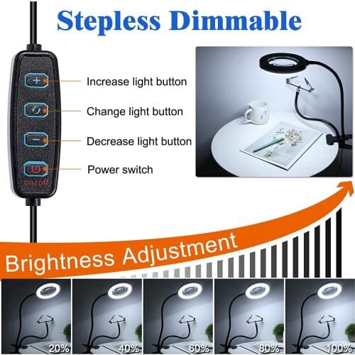 2021 360 Flexible 3 Light Modes 10 Brightness Levels Magnifying Glass with Light LED Magnifier Lamp Clip On Illuminated