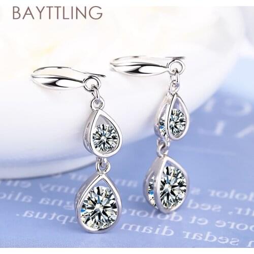 BAYTTLING 925 Sterling Silver 36MM Shiny Zircon Water Drop Earrings For Woman Fashion Glamour Jewelry Party Gift