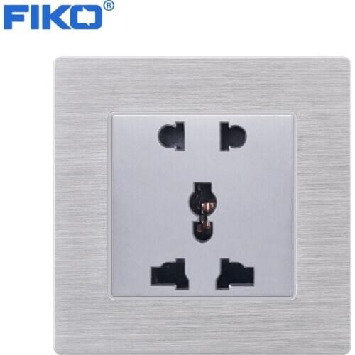 FIKO 86mm*86mm 13A universal 5 pin wall power Household socket Silver Aluminium Alloy Panel family hotel socket