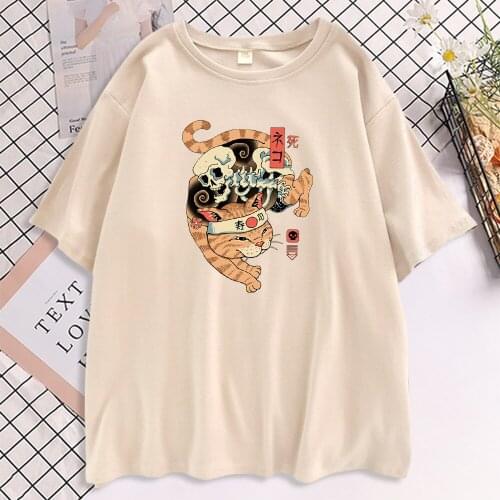 Japan Ukiyo E Style Cat Womens T Shirts 2021 Summer Hot Sale T Shirt Loose Style Street Tee O-Neck Trendy Soft Female T-Shirt