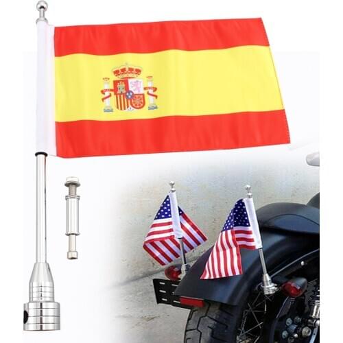 Chrome Motorcycle Rear Side Mount Flag Pole Spanish Flag Fit For Harley Luggage Rack