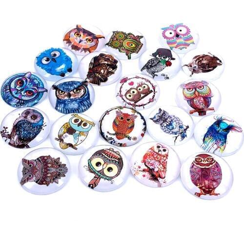 20pcs/lot 18mm 20mm 25mm Colorfull Owl Pattern Round Glass Cabochon Dome for DIY Jewelry Making Findings & Components T024