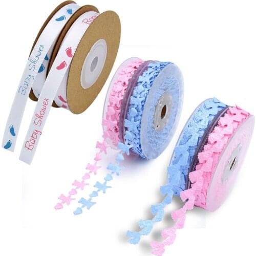 1.5m Pink Blue Baby Feet Bear Lace Ribbon Birthday Party Ultrasonic Embossing Handmade DIY Love Ribbon Soft Flower Ribbon zx05