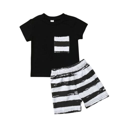 2PCS Toddler Kid Baby Boys' Summer Clothes Striped Short Sleeve O neck Cotton T-Shirt Tops Short Pants Casual Outfit Set