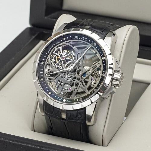 OBLVLO Men Mechanical Watch Top Brand Luxury Waterproof Watch Skeleton Dial Calfskin Strap Watch Automatic Movement Montre Homme