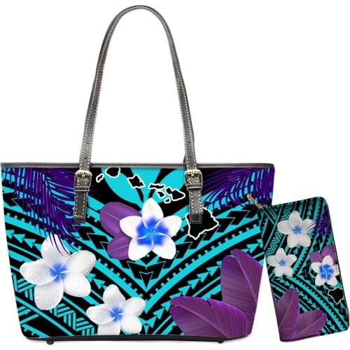 Leather Handbags Set For Women Polynesian PU 2pcs Women Shoulder Bag And Wallets Kosrae Hibiscus Totes Bolsa Free Dropship 2021