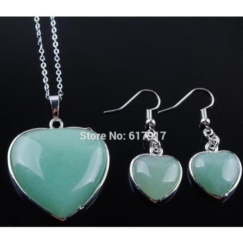 Natural Aventurine Gem Stone Heart Pointed Reiki Chakra Beads Pendant Earrings Set Chain Necklace 18 inches Jewelry TQ3064