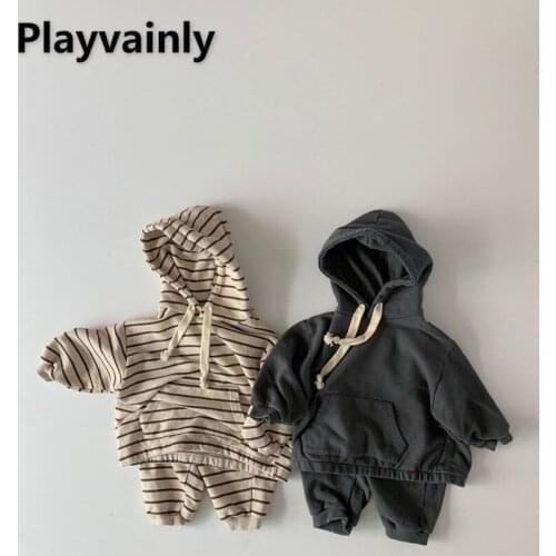 2021 New Korean Style Autumn Baby Girls Boys 2-pcs Sets Striped Long Sleeves Hooded Hoodies+Pants Kids Sweater Cute Outfits E73