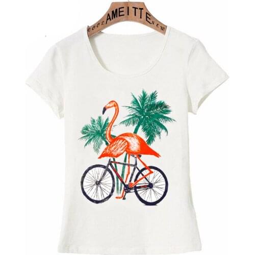 Naughty Clever Pink Flamingo Riding A Bicycle Printed Womens T-Shirt Summer Short Sleeve Funny Casual Girl Tops White Tees