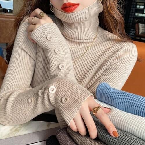 TuangBiang 2021 Autumn Winter Women Pullovers Buttons Long Sleeve Feminine Sweater Slim Retro Basic Elastic Fashion Knitted Tops