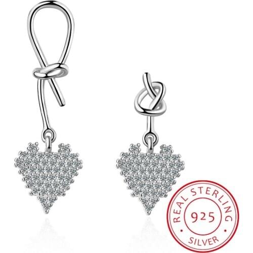 925 Sterling Silver Asymmetry delicate shiny AAA Zirconia Heart Stud earrings for cute girl women Valentines Day jewelry