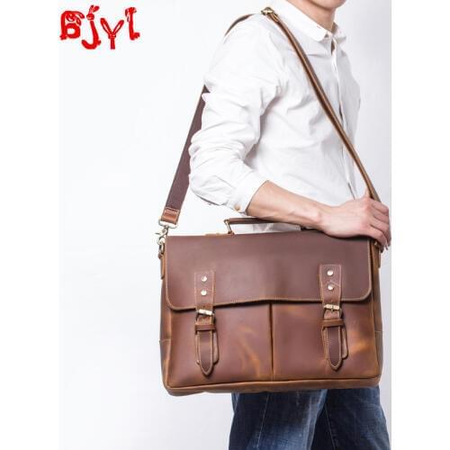 Mens Briefcase Men Shoulder Messenger Bag Retro First Layer Leather Handbags Casual Laptop Bags Handmade Crazy Horse Leather