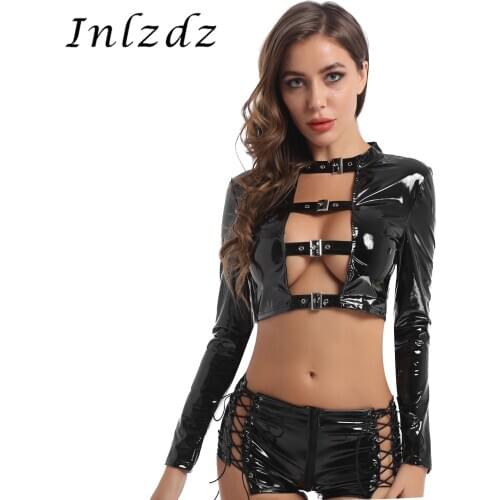 Women Pole Dance Rave Crop Top Wet Look Leather Hollow Out Front with Buckles Gothic Punk Style Rave Crop Top for Party Clubwear