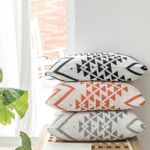 Knitted Cushion Cover Decorated with Geometric Printing 30x50cm Rectangular Pillowcase Gray Black Orange Nordic Style