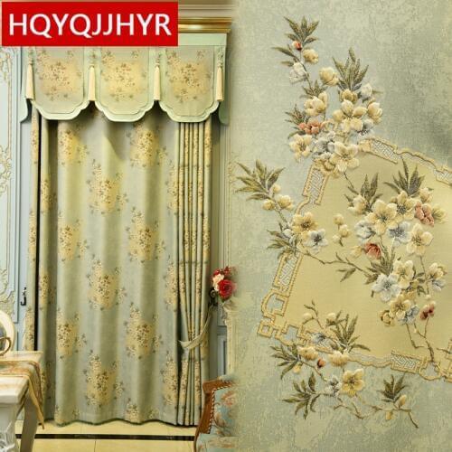 European top light blue high quality jacquard villa curtains for living room cream color luxury 3D jacquard curtain for bedroom