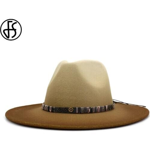 FS Women Men Wide Brim Wool Felt Jazz Fedora Hats Panama Style Cowboy Trilby Party Formal Dress Hat Gradient Color Beige Khaki