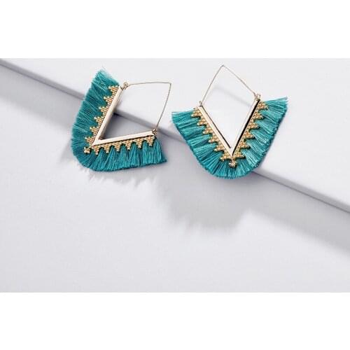Womens Girls' Bohemia Fan Fringe V Shaped Cotton Tassel Drop Threader Earrings Chevron Tassel Threader Earrings