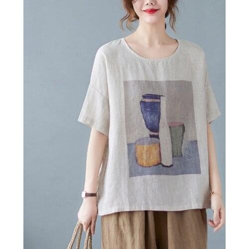 Women Summer Cotton Linen Casual T-shirts New Arrival 2021 Simple Style O-neck Print Loose Female Short Sleeve Tops Tees B247