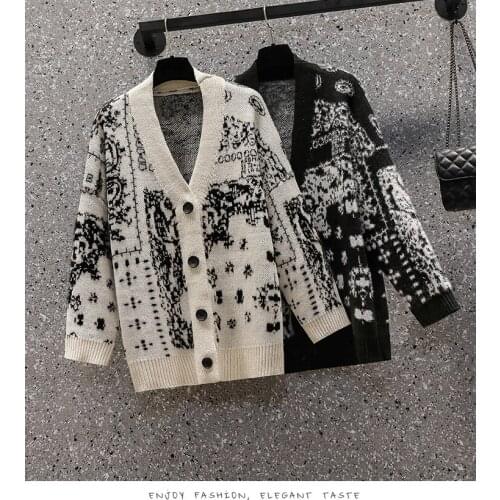 2021 New Women Retro Print Knitted Cardigan Long Sleeve V Neck Button Casual Top Autumn Winter Korean Fashion Sweater Outwear