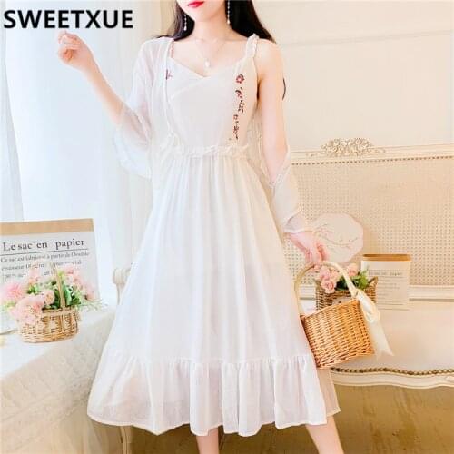 SWEETXUE Women Embroidered Suspender Dress + Cardigan Two-Piece Set 2021 Autumn New Art Elegant Holiday Dress
