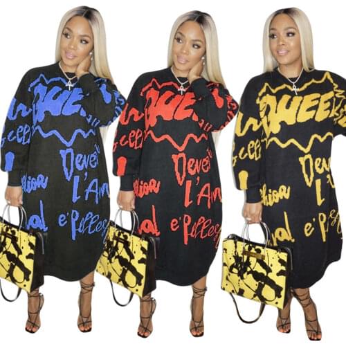 38YY5226 Autumn Winter Women Casual Fashion Graffiti Letter Print Loose Long Sleeve Dress Vestidos Plus Size Hot