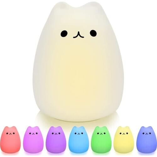 1pc Silicone Touch Sensor LED Night Light Mini Cute 7 Colors Cat Shaped Pat Lamp For Kids Toy Gifts Room Decor Battery Charge