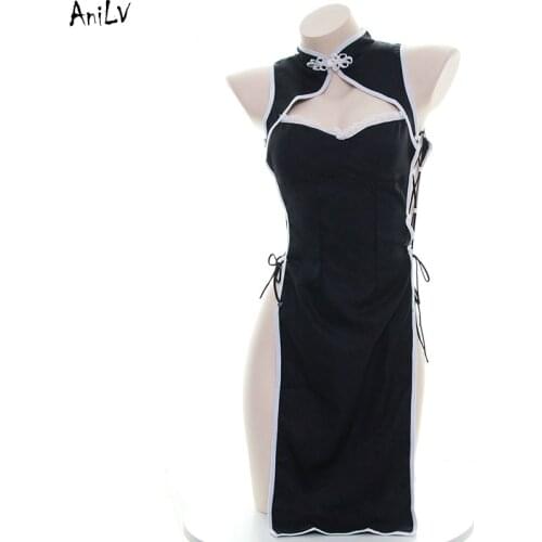 AniLV Chinese Sexy Black Backless Cheongsam Uniform Temptation Lingerie Costume Cross Bandage Nightdress Pajamas Party Cosplay