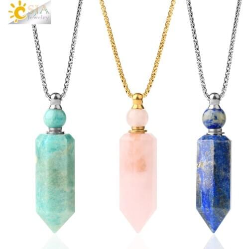 CSJA Hexagon Pillar Perfume Bottle Necklaces Natural Crystal Stone Essential Oil Diffuser Pendant Women Men Healing Jewelry G619