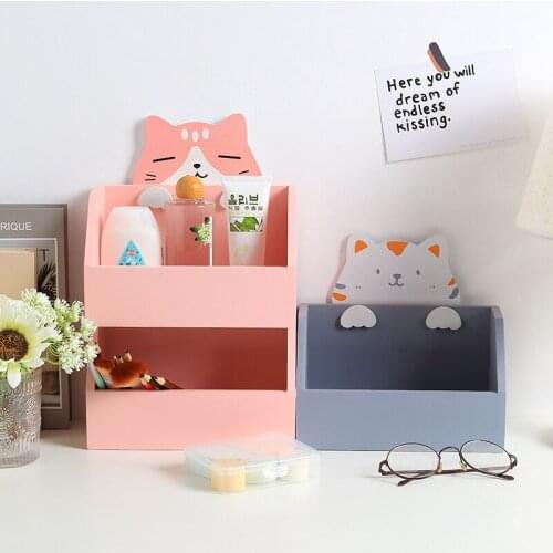 Cute Cat Large Capacity Wood Desktop Organizer Pen Holder Desk Storage Box School Office Stationery
