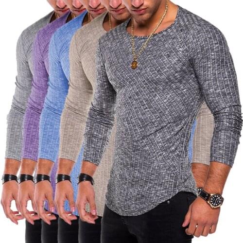 European and American new style solid color stitching arc hem bottoming shirt round neck mens T-shirt