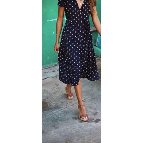 French 100% viscose V collar waist knot short sleeve floral printing midi dress