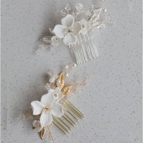 SLBRIDAL Ins Style Handmade Crystal Rhinestone Ceramic Flower Bridal Hair Comb Wedding Hair Accessory Bridesmaids Women Jewelry