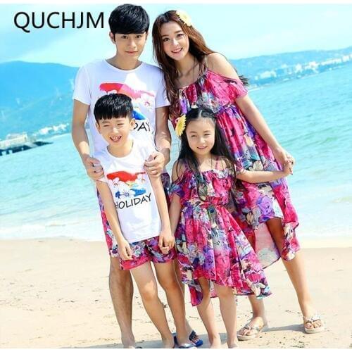 Family Matching Outfit 2019 new Cotton Mothe and Daughter Dress Clothes New Beach Father and Son T-shirt+pants Clothing Sets 3XL