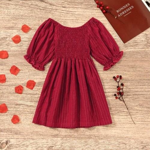 Fashion Kids Girls Wine Red Dresses Toddler Summer Half Sleeve Pleat Princess Clothing Summer Outfit