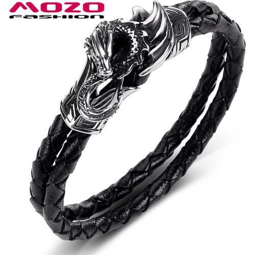 Fashion Men Jewelry Black Double Layer Leather Bracelet Stainless Steel Punk Dragon Wings Bangles