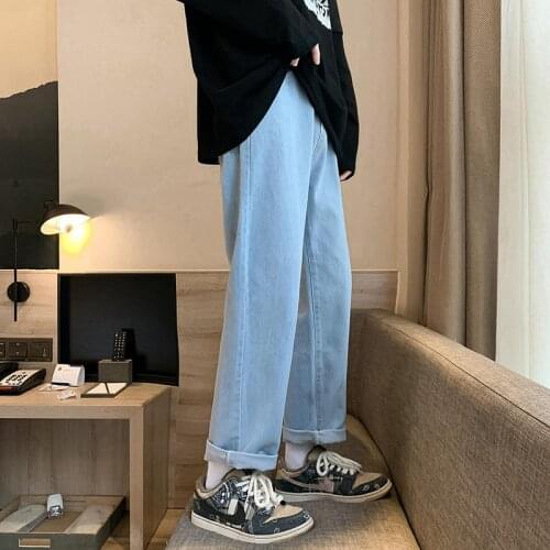 MenS Stretch-Waist Wide-Leg Jeans Korean Hip-Hop Trendy All-Match Denim Trousers Male High-End Brand Loose Straight-Leg Pants