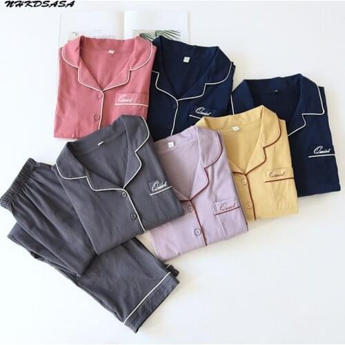 NHKDSASA Couples Cotton Pajamas Set Autumn Winter Long Sleeve Trousers Multi Colors Pajamas For Women And Men Homewear Suit