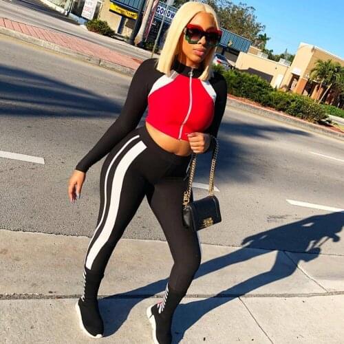 Bodycon Tracksuit Women Set Fall Winter 2 Piece Sets Womens Outfits Striped Patchwork Crop Top Pants Set Sportwear Chandal Mujer