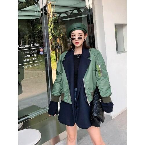 Autumn Winter New Personality baseball uniform stitching suit Jacket Women loose casual fake two-piece Motorcycle suit Women