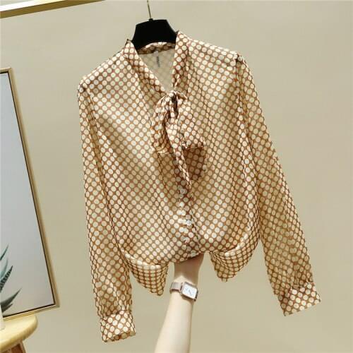 Polka Dot Shirt Woman Spring and Autumn Bow Tie Collar Chiffon Blouse Female All-Match Basic Tops Blusas Mujer De Moda 2021