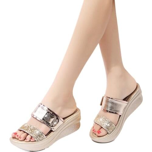 Summer Slippers Women Outdoor Fashion Thick-soled Wedges with Rhinestone Sequins Womens Shoes Plus Size Fish Mouth Sandals