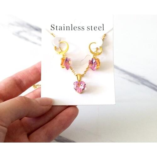 Heart Pink Cubic Zirconia Pendant Necklace and Stud Earrings Set Stainless Steel Jewelry Set for Women Girl Party Gift Jewelry