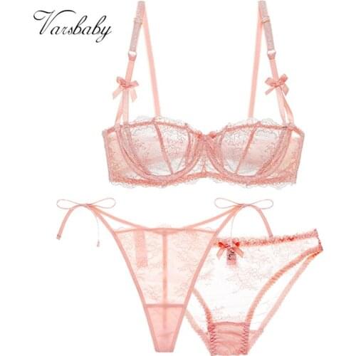 Varsbaby bow half cup sexy transparent bra three-piece bra + briefs + thong sexy cute underwear plus size bra set