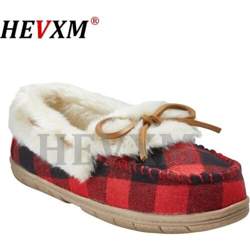 2020 Shoes Women Winter Warm Canvas Flat Shoes Casual Loafers Slip On Womens Flats Plush Shoes Grid Lady Large size 35-43