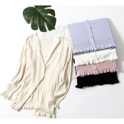 Silk Stretch Rib Women Ruffles V-Neck Knitted Casual Sweaters Cardigans Lady 3/4 Sleeve Knitting Outwear Cardigan Top for Female