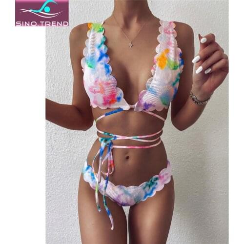 New 2021 Tie Dye Scalloped Bikini Set Female Print Mid Waist Swimsuit Women Two-pieces Wrap Around Swimwear Bather Bathing Suit