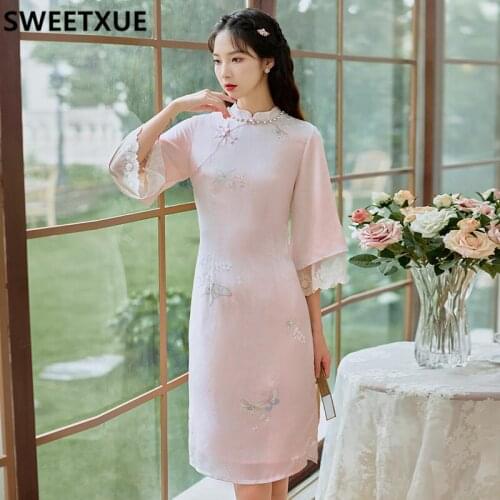 SWEETXUE 2021 New Summer Fashion Cheongsam Girl Modern Young Chinese Style Sweet Embroidered Lace Patchwork Beaded Dress Women