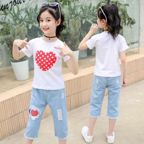 2021 Gilrs Summer White T Shirt +Ripped Jeans 2PCS Clothes Set Teenager Children Denim Outfits 6 8 10 12 Year Kids Clothing Suit