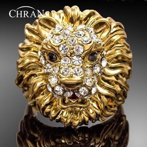 CHRAN Brand Lion Head Rings Jewelry for Party Gift Fashion Gold Color Sparkling Crystal Engagement Rings for Women