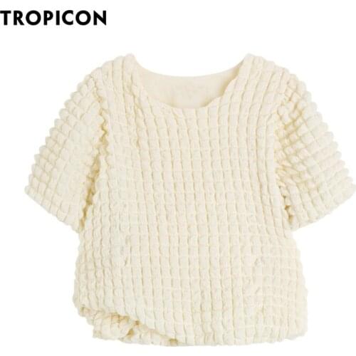 TROPICON Designer Puffy Plaid Summer Womens Tops And Blouses 2021 Fashion Short Sleeve Crew Neck Beige Top Korean Fashion